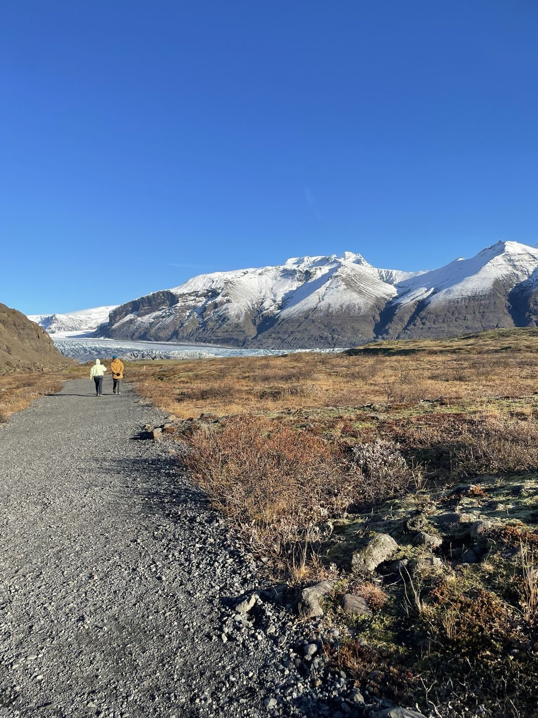 Balade en famille vers un glacier, sous un grand ciel bleu